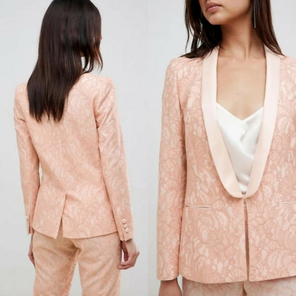ASOS Blazer Lace Tailored Peach Pink Feminine Career Academia Party 6